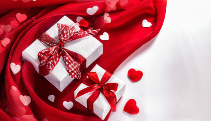 Gift box with red ribbon and hearts.