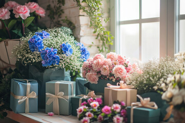 Gift boxes, bouquets of flowers, in the interior of a richly decorated sunny room. Copy space. Concept for Valentine's Day, love, birthday, relationship, romance