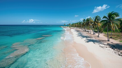 A serene tropical beach with palm trees, white sand, and clear turquoise water under a sunny blue...