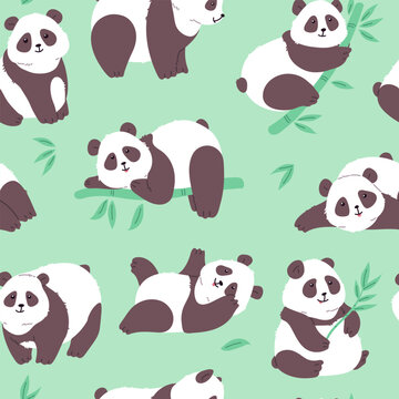 Seamless repeatable pattern with lovely cute baby pandas, flat vector illustration.