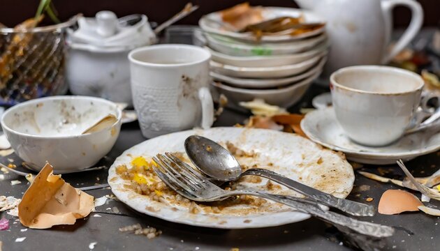 Generated image of dirty plates, spoons, mugs and dishes after finished the lunch