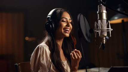 Young female singer performs a new song into a microphone while recording it in a music studio