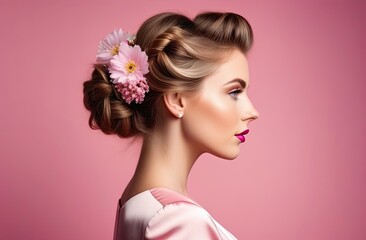 Naklejka premium Side view, hairstyle with spring flowers for beautiful woman