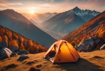 tent in the mountains at sunset - obrazy, fototapety, plakaty