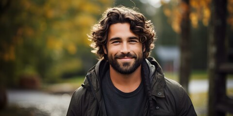A Cheerful Man with a Beard Smiling in the Park on a Summer Day. Concept Outdoor Photoshoot, Joyful Portraits, Summer Vibes, Smiling Faces, Park Scenes