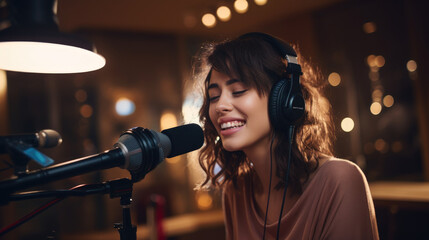 Young female singer performs a new song into a microphone while recording it in a music studio