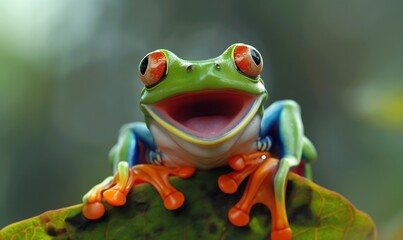 Frog with open mouth. A cute frog sits on a leaf and croaks. - obrazy, fototapety, plakaty