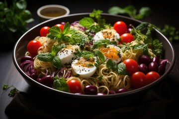 Noodles in the heart shape salad with tomatoes, cucumber, olive, mozzarella and re, generative IA