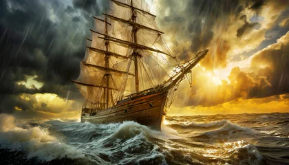 Deurstickers Bottom view of an old wooden sailing ship braving the waves of a wild stormy sea, in the background dramatic sky with storm clouds at sunrise or sunset. Generative Ai. © Alberto Masnovo