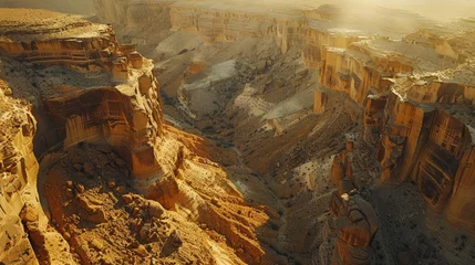 Poster Im Rahmen Aerial view of a canyon with intricate sedimentary rock formations highlighted by golden sunlight casting deep shadows, creating a serene and majestic natural landscape. © Jonas