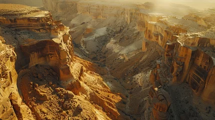 Rucksack Aerial view of a canyon with intricate sedimentary rock formations highlighted by golden sunlight casting deep shadows, creating a serene and majestic natural landscape. © Jonas