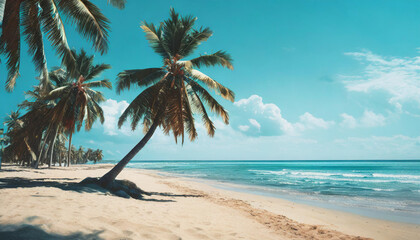 Fototapeta na wymiar Palm tree on the beautiful white beach and blue ocean.