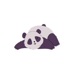Naklejka premium Cute panda lies on the belly vector cartoon illustration, funny Asian bear with fluffy black and white wool, wild animal
