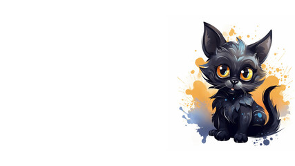Drawing of black cat on a white. Black kitten ilustratiom isolated on white background. Paint blot. For mockup. 