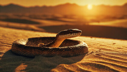 Snake in the sand in desert at sunset.	
