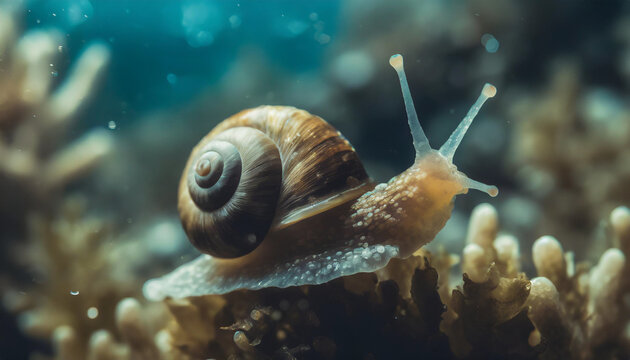 Snail on the coral under water. 