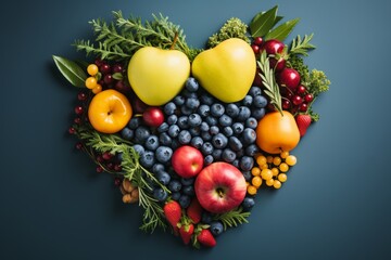 a heart of fruits and vegetables on a blue background