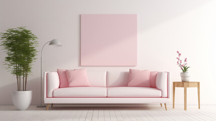 Fototapeta na wymiar Contemporary Living Room Design with Soft Pink Sofa and Minimalist Decorations
