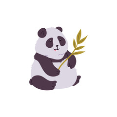 Cute panda with bamboo branch icon, big Asian bear with black and white wool, fluffy fur, vector wild animal from China