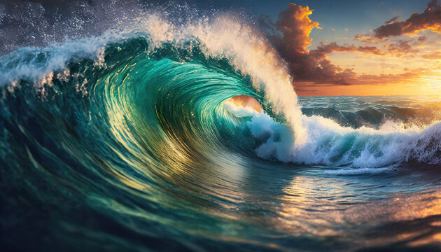 Beautiful big wave in the ocean at the sunset.
