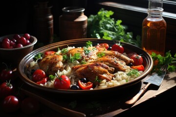 Pilaf with chicken meat, cherry, salt on a wooden plate and kitchen towel., generative IA