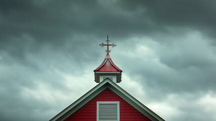 a weather vane is sitting on top of a tall red roof
