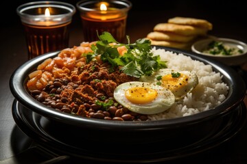 Brazilian food dish, beans, rice, meat, eggs, salad., generative IA