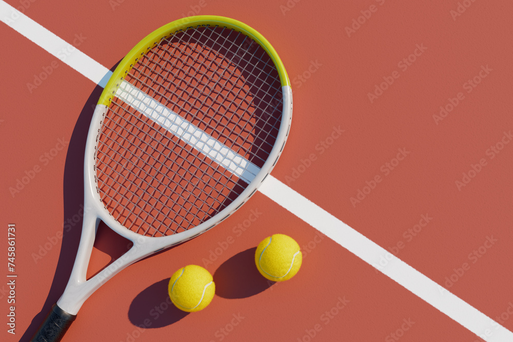 Wall mural one tennis racket and a ball lie on the sports court. 3d rendering