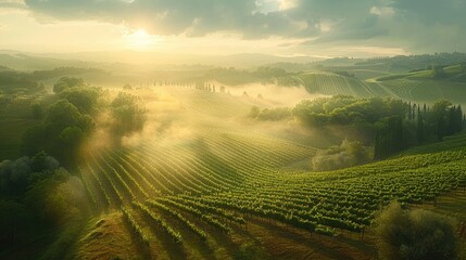 Misty morning sun rays illuminating the vibrant green vineyards of the rolling hills, evoking a serene, picturesque Tuscan landscape. - obrazy, fototapety, plakaty