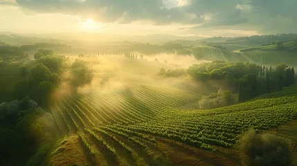 Stoff pro Meter Misty morning sun rays illuminating the vibrant green vineyards of the rolling hills, evoking a serene, picturesque Tuscan landscape. © Jonas