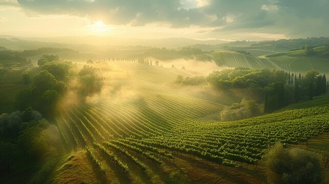 Misty morning sun rays illuminating the vibrant green vineyards of the rolling hills, evoking a serene, picturesque Tuscan landscape.