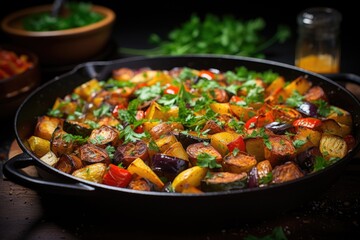 Ratatouille of vegetables in the pan on a wooden table, generative IA