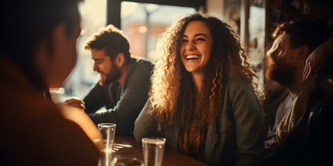 Friends laughing together at a cafe enjoying each others company warmly. Concept Friendship, Laughter, Cafe, Joyful Moments, Warm Connections - obrazy, fototapety, plakaty