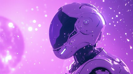 A futuristic 3D animated cartoon character with a high-tech aesthetic, set against a cosmic purple background. 
