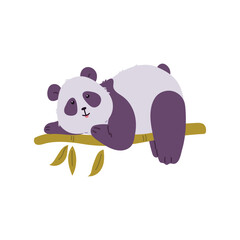 Cute lazy panda on a bamboo branch, isolated flat vector illustration.