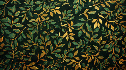 seamless  green and gold leaf pattern on a black background, leaves, trees, tree branches