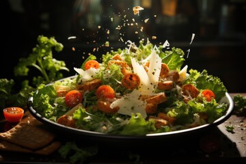 Black-up caesar with chicken, tomato, lettuce, olives, cookies, Parmesan cheese on, generative IA - obrazy, fototapety, plakaty