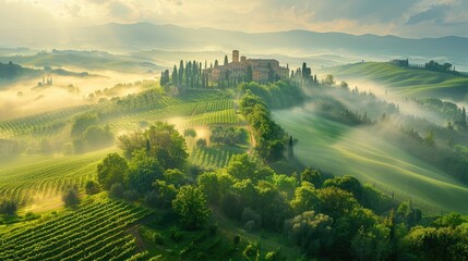 Sunrise over a peaceful Tuscan landscape with vineyards, a villa, misty hills, and cypress trees,...