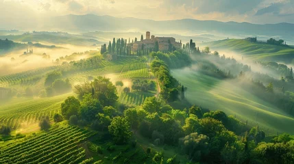 Papier Peint photo autocollant Toscane Sunrise over a peaceful Tuscan landscape with vineyards, a villa, misty hills, and cypress trees, embodying the idyllic beauty of the countryside.