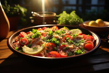 Side -sighted tuna salad with cannon cable capers tomatoes and lemon slice in a wo, generative IA