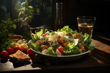 Black-up caesar with chicken, tomato, lettuce, olives, cookies, Parmesan cheese on, generative IA - obrazy, fototapety, plakaty