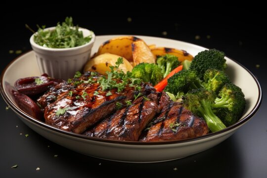 Tasty grilled ribs with vegetables on the plate, isolated in the white background., generative IA