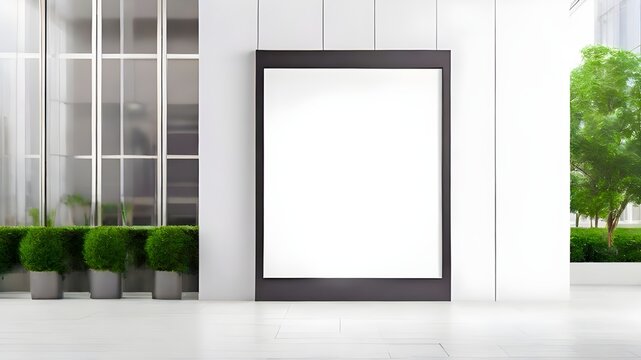 White blank billboard or branding photo frame mockup with modern business office entrance or reception wall background