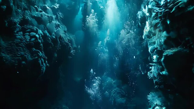 Underwater world. 3D render of deep blue sea cave with glowing light