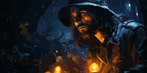 pirate searching with a blue light torch in dark forest, digital art style, illustration painting