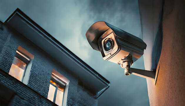 Close-up of a CCTV modern security camera outside a house in a residential district at night, using for recording and monitoring the criminals scene. Generative Ai.