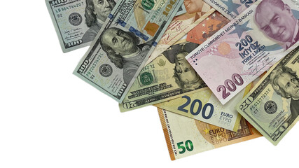 Fototapeta na wymiar Premium mockup. PNG format. Stack of money of various denominations. Dollars, euros, Turkish lira. Money exchange. Inflation. Trips. Tourism. Empty background, copy space for text or advertising
