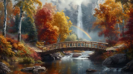 Fotobehang A rustic wooden bridge over a stream with a rainbow © Anthony