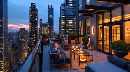 A rooftop terrace in a city with ambient lighting.
