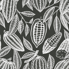 Cocoa Banner Vector Seamless Pattern. Chocolate Retro Cocoa Beans Background. Vintage Style Hand Drawn Chalk Board Illustration. - 745863759